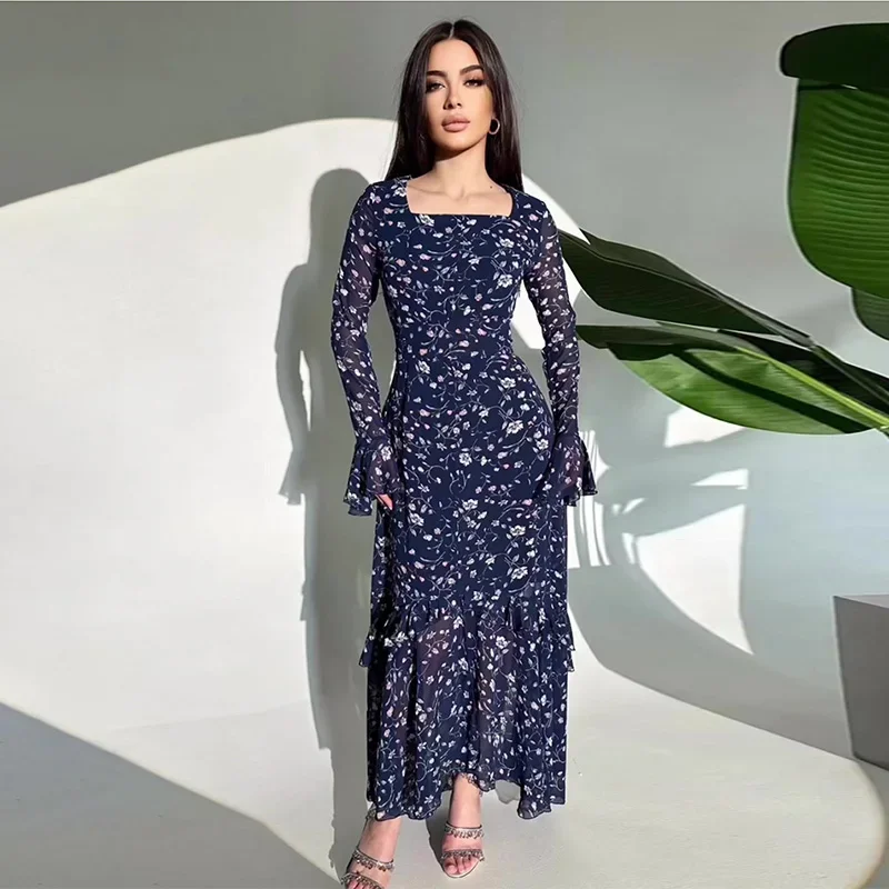 Chiffon Printed Ruffle Dress Women\'s Summer Long Sleeve Stitching High Waist Slim Irregular Floral Evening Dress Long Dress