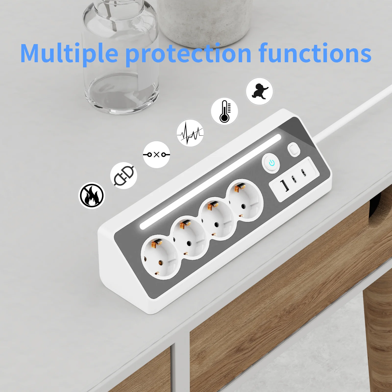 European multi plug power socket with LED light 4 AC Outlets 3 USB port charging 1.5m extension cord Surge Protection 3680W