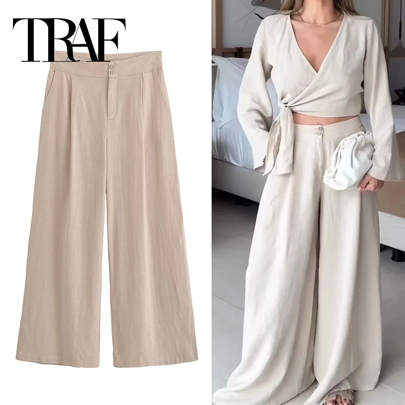 TRAF 2024 Women Pants High Waist Wide Leg Pants Y2k Streetwear Baggy Pants Woman Fashion Trousers Summer Women\'s Casual Pants