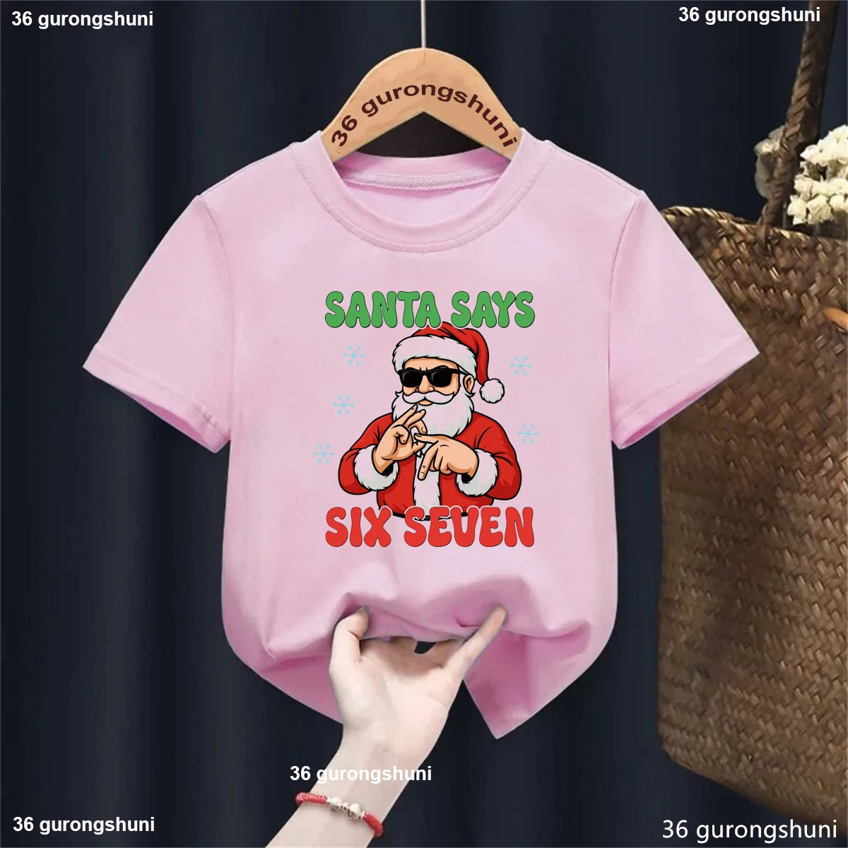 Funny T Shirt Girls/Boys Santa Says Six Seven 67 Meme Printed T Shirt Xmas Gift Shirt Kawaii Kids Clothes White/Black T-Shirt