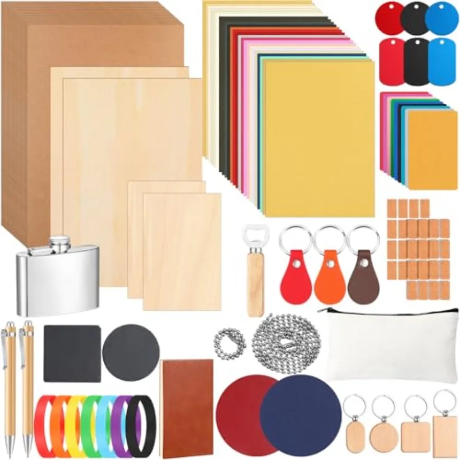 

127 Pcs Laser Material Kit Laser Cutting Engraving Materials Accessories Including Wood Metal PU Leather Fabric Glass Rock Rubb