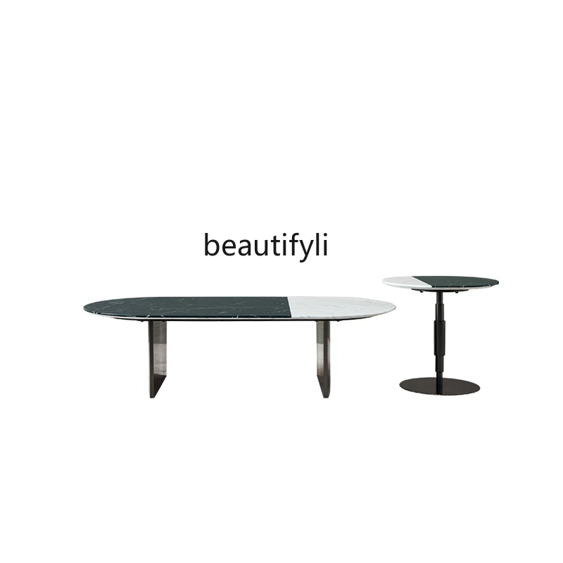 

Rock Table Italian Minimalist Oval High-End Marble Coffee Table Designer Home Stainless Steel Coffee Table Combination