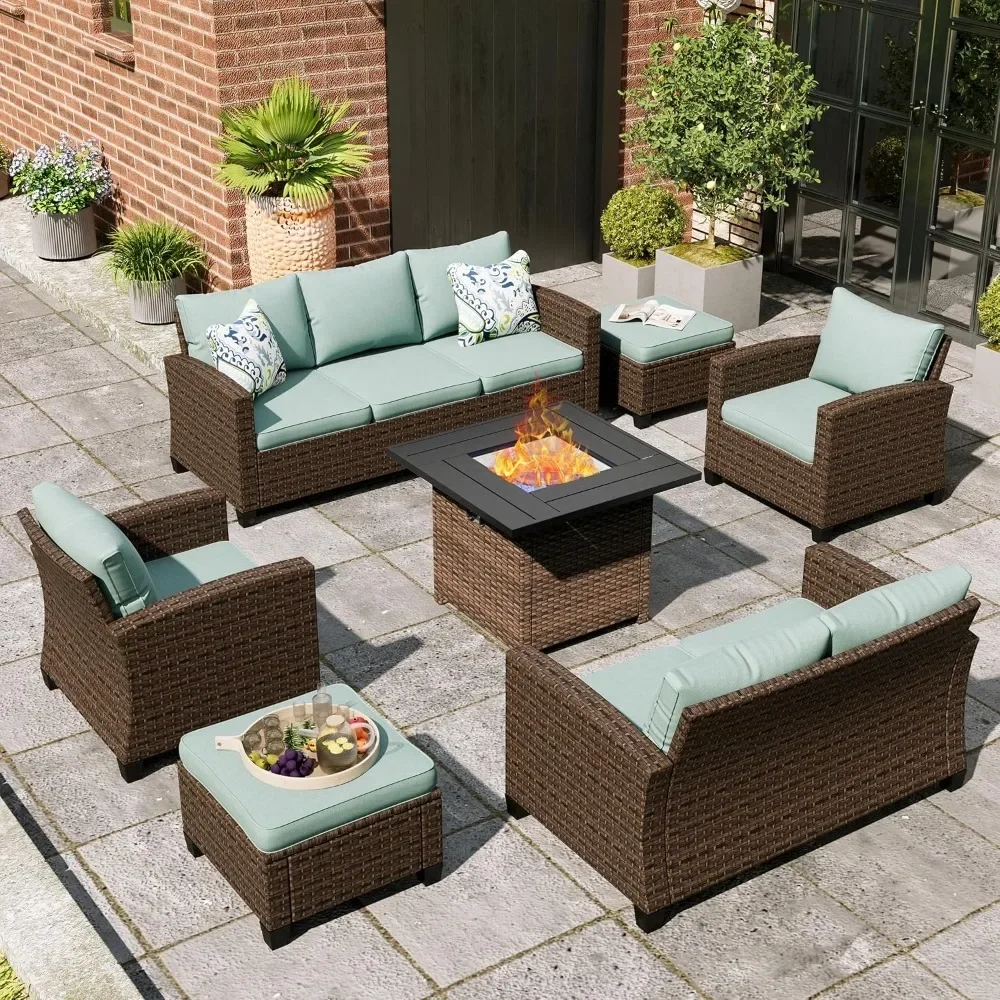 7 pieces of wicker outdoor patio furniture set, single chair, 3-seater sofa, 2-seater lover's sofa, ottoman, fire pit table