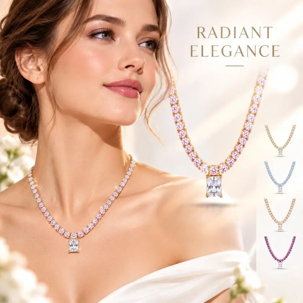 Lightweight Tennis Necklace Closely Set Rhinestone Classic Tennis Silhouette Macaron Color Necklace Secure Clasp