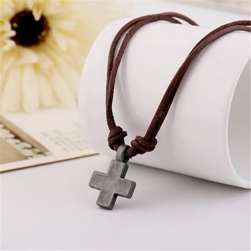 Fashion Retro Cross Pendant Necklace Tarnish Resistant Alloy Leather Rope Necklace Unisex for Adults