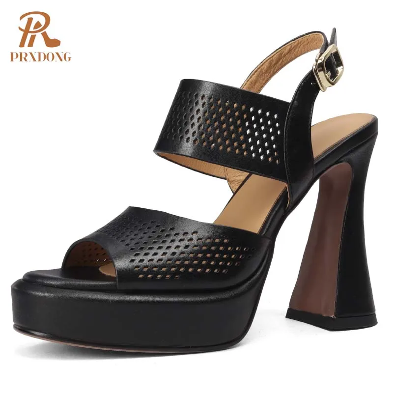 PRXDONG New Classics Genuine Leather Summer Shoes Woman Sandals High Heels Platform Black Beige White Dress Party Lady Pumps 39