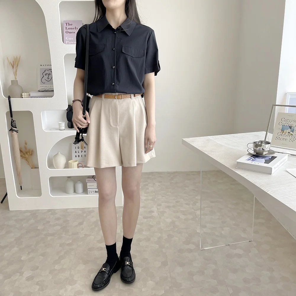 

Slimming Commute irt Small irt irt Collar Pleated ort Sve Turn-down Collar Versatile Korean Sle Button Detail