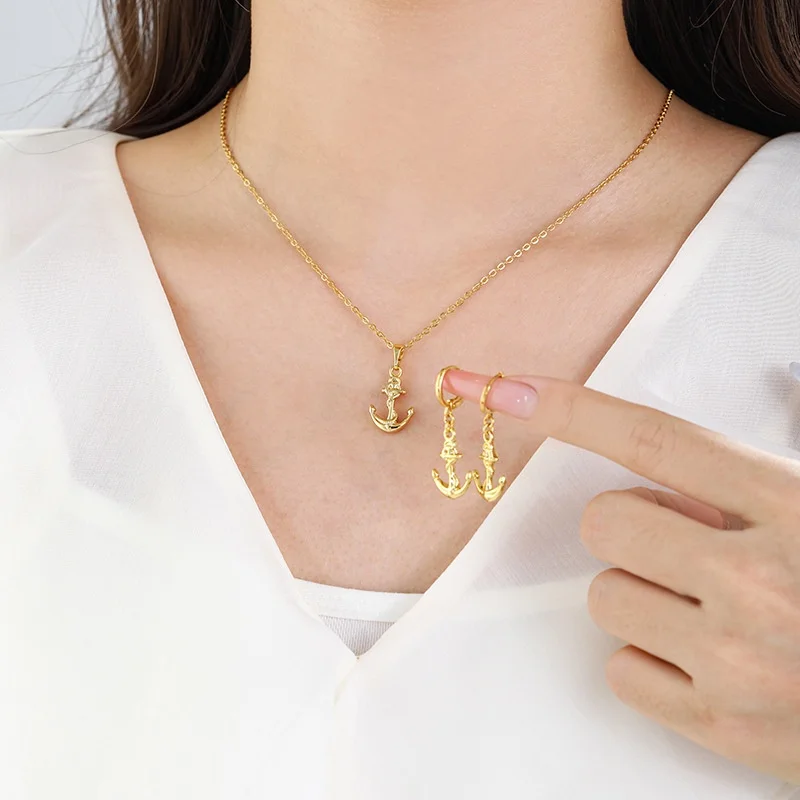 24K Gold Rope Gold Anchor Pendant Earrings Jewelry 6 Pieces Set for Women Girls Nautical Coastal Beach Minimalist Pendant Gift