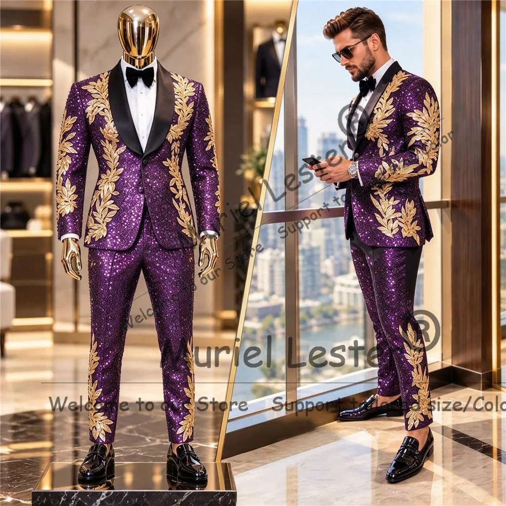 Sparkly Sequin Men's Suits With Gold Lace Appliques Designer Black Shawl Lapel Groom Prom Tuxedo Customized Male Dinner Blazers