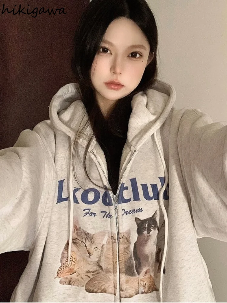 Harajuku Hoodie Women Clothing Cat Print Long Sleeve Zipper Jackets 2023 Ropa Mujer Thicked Fashion Casual Hooned Y2k Sweatshirt