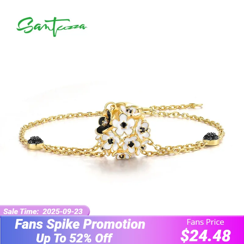 

SANTUZZA Pure 925 Sterling Silver Bracelet For Women White Black Flower Ball Enamel Adjustable Chic Gifts Fine Jewelry Set