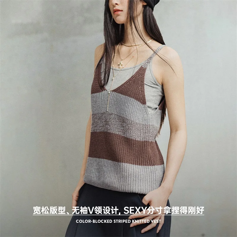 Maden Vintage Striped Camisole Women Summer Loose Color-blocked V-Neck Vest Cotton Knit Sleeveless Top Medium Elasticity Tank