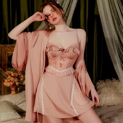 REBEYULI Robe Gown Set 2025, sexy satijnen patchwork kant uitgeholde jurk met borstkussen, effen gaas jarretel nachtjapon homewear