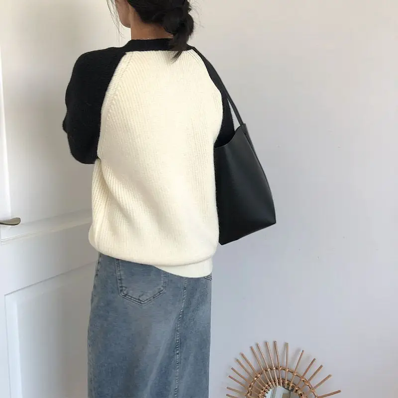 Casual Contrasting Colors Spliced Sweaters Women's Clothing Knitted Long Sleeve Autumn Winter Korean O-Neck Loose Basic Jumpers