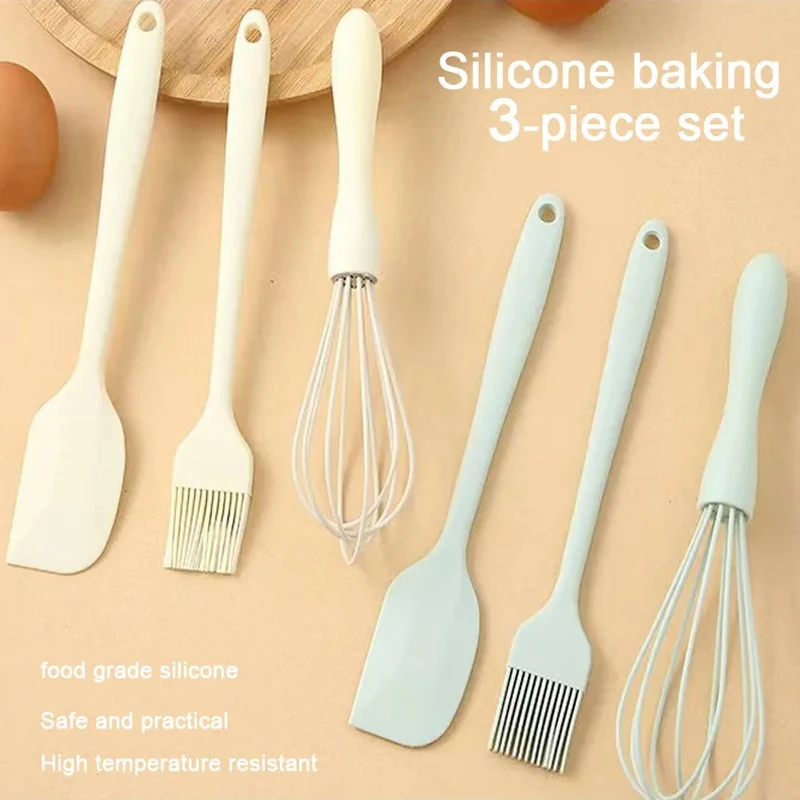 3pcs Baking Set Food Grade Silicone Heat Resistant Cream Scraper Egg Beater Grease Brush Kitchen Cake Baking Tools