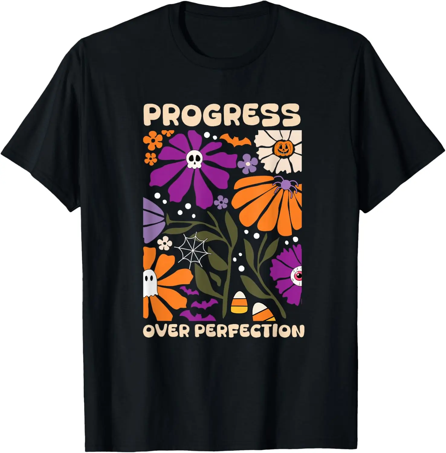 Progress Over Perfection Halloween RBT ABA Therapy Floral T-Shirt Men Women Unisex Novelty Graphic T‑Shirt, Classic Crew Neck 100% Cotton Tee, Lightweight Anti‑Pilling Breathable Casual Tops, Year‑Round Daily Outfit, Holiday Birthday Present Tee