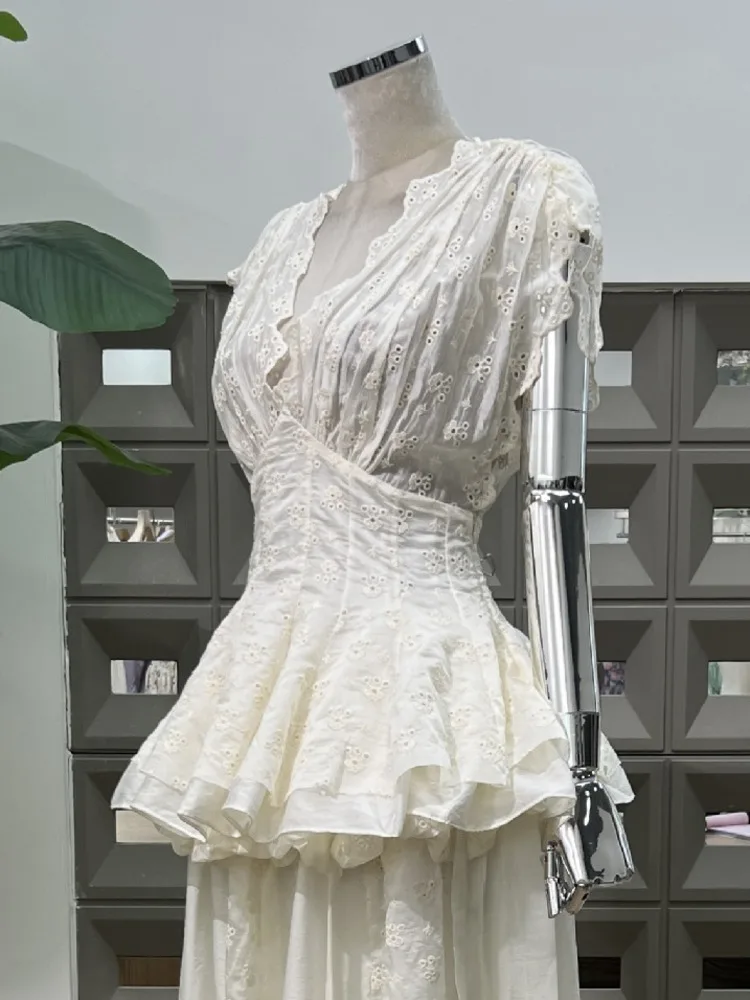 DFDG Donna 2025 Primavera Estate Designer Bohemian Ricamo Lace-up Crop Top Bubble Maxi Gonna Set da due pezzi