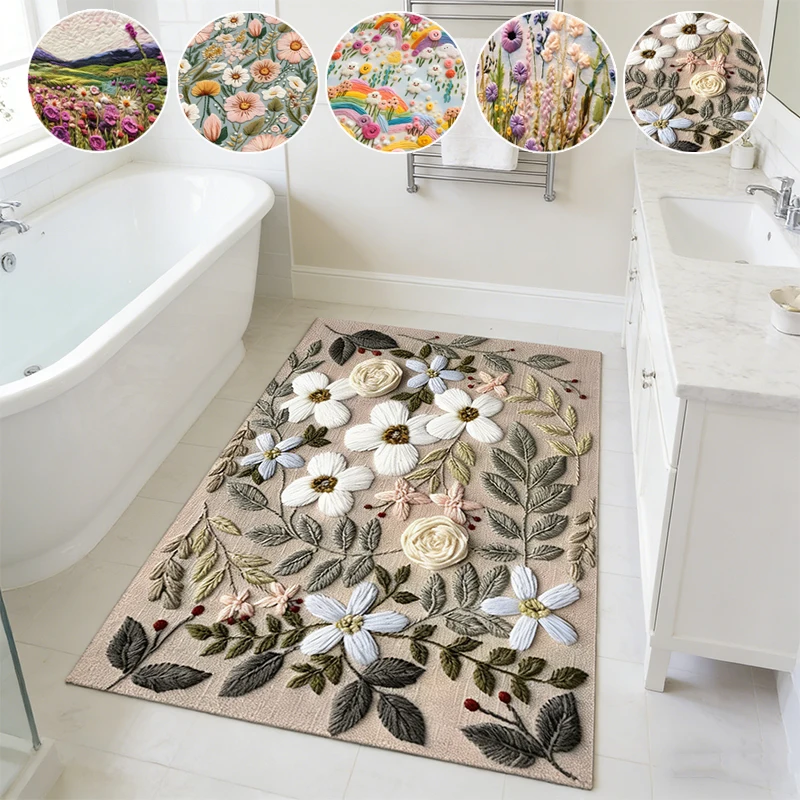

Handmade Texture Floral Arrangement Crystal Velvet Comfortable Foot Feel Water Absorption Anti Slip Living Room Carpet Doormat
