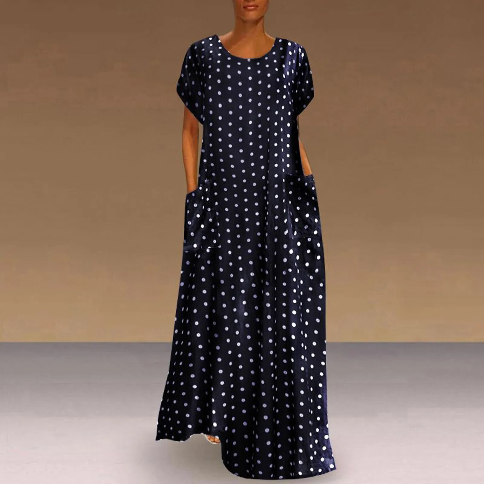 Vintage Polka Dot Print Long Maxi Dress For Women Round Neck Short Sleeve Pockets Loose Dresses Casual Summer Women Dress 2023