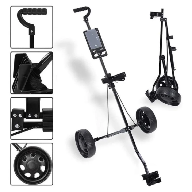 Golf Pull Cart Iron Black Adjustable Golf Trolley Cart 2 Wheels Push Pull Golf Cart Aluminium Alloy Foldable Trolley With Brake