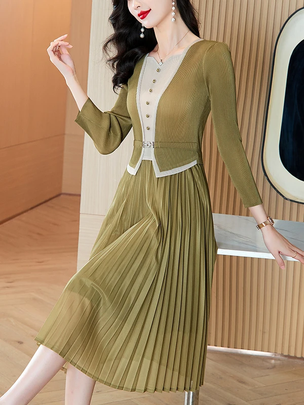 

Spring Autumn Plaid Elastied Waist Skirt Dr Midi Length Casual Sle Polyester Fabric Long Sve round Ne A-Line Skirt