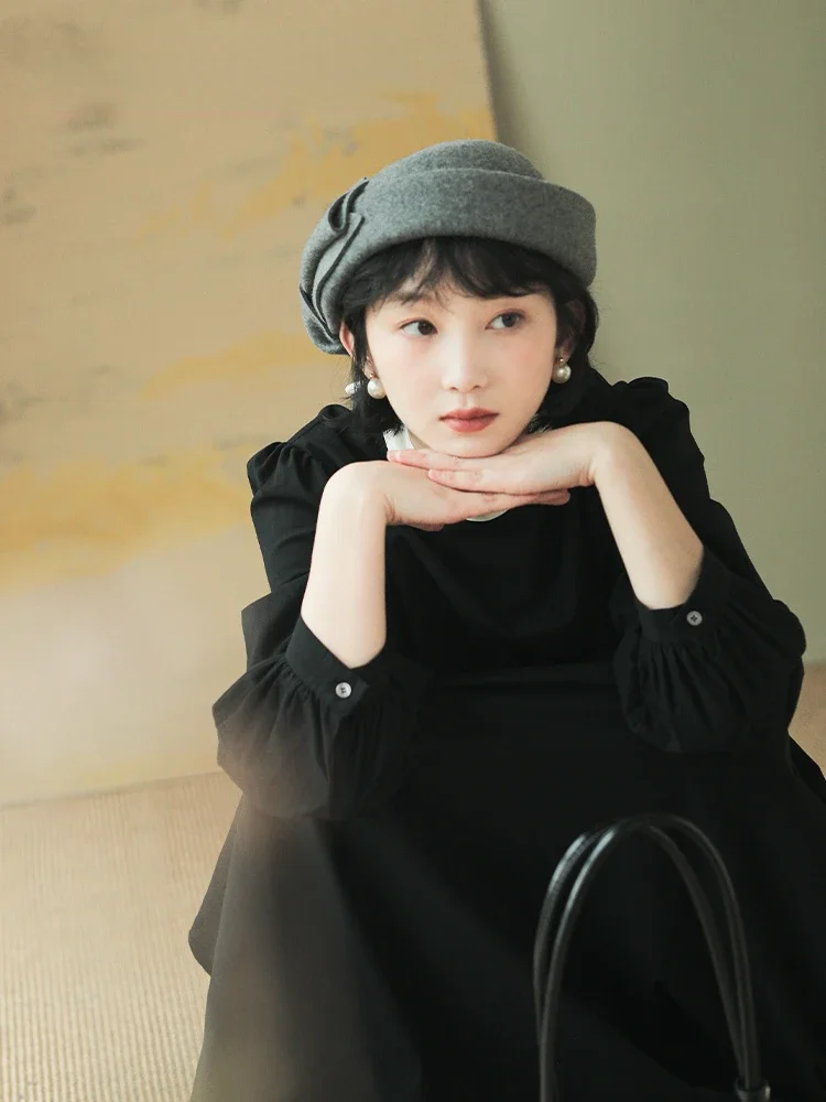 2024 France Wool Beret Women Elegant Autumn Winter Bow Top Hat  Retro Hepburn French Hat