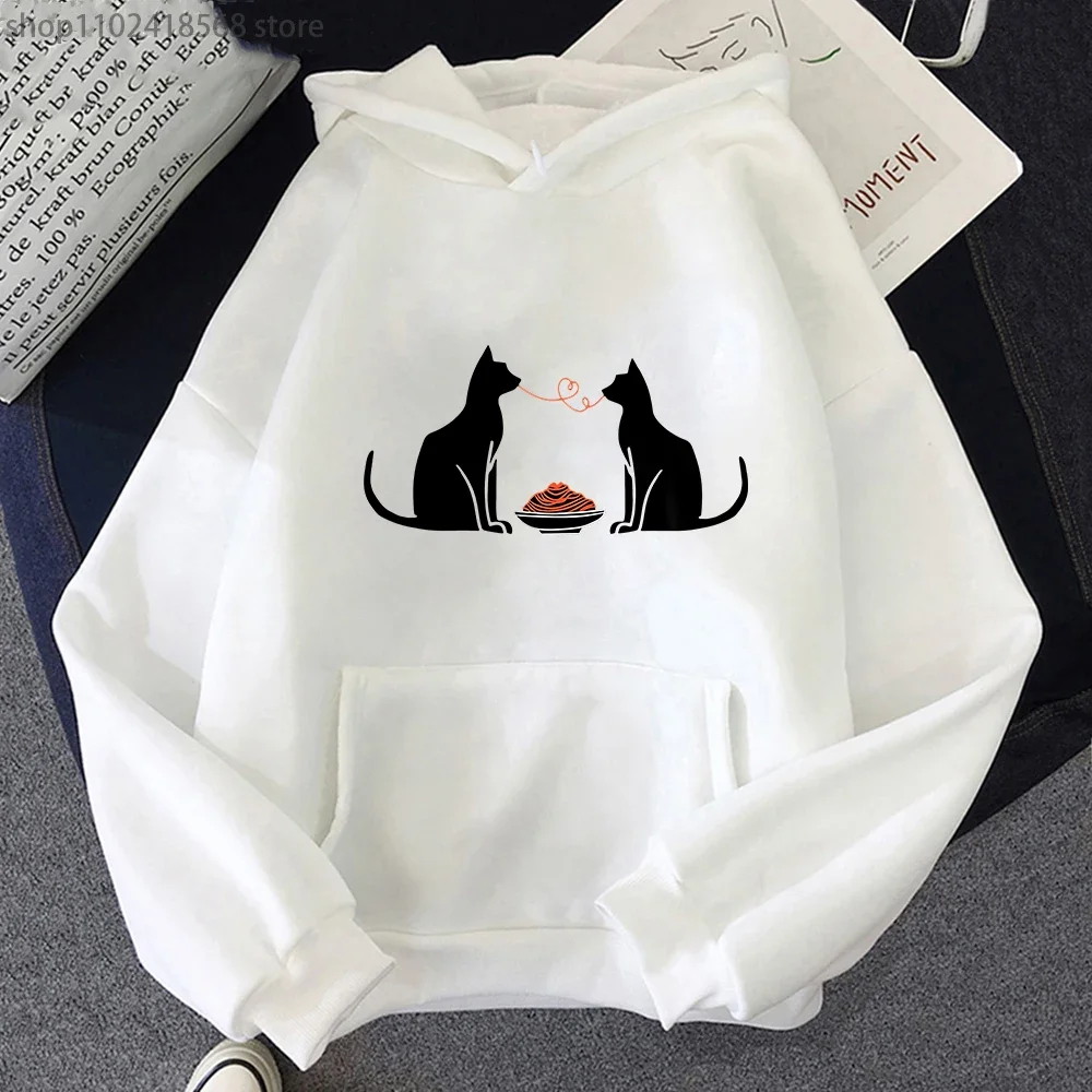 Funny Valentines Day Hoodies Women Cute Cat Lover Eating Spaghetti Graphic Sweatshirt  Y2k Clothes Kawaii Girls Top Men Pullover