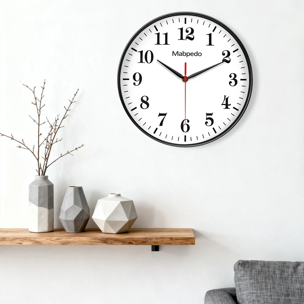 

Mappedo Classic Wall Clock Black Numerals Silent Movement Easy-to-Read Design Ideal for Living Room Bedroom Office Timepiece