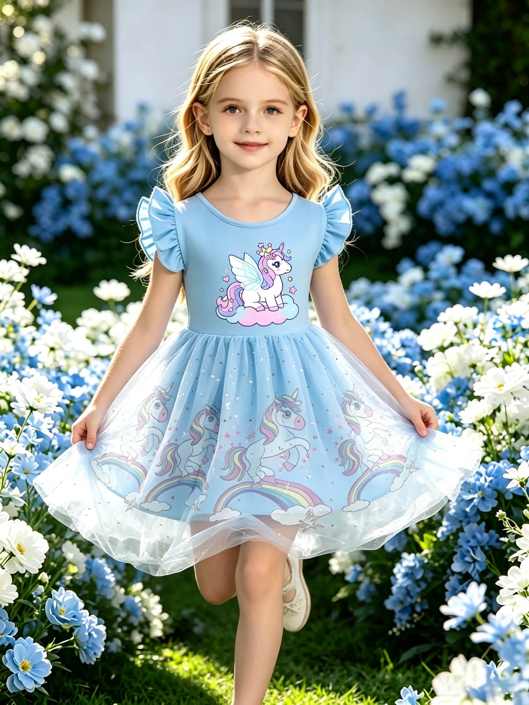 Light Blue Crown Cloud Unicorn Flutter Sleeve Dress for Girls, Star Tulle Puffy Princess Dress