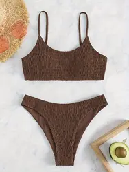 Sexy Brown Bandeau Swimwear Thong Bikini 2025 Women Wrinkled Swimsuits Swimming Bathing Suit Brazilian Bikinis Set Mujer Biquini