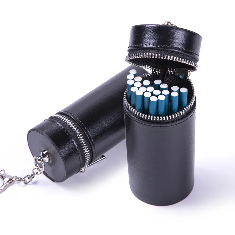 Portable Leather Cigarette Case for Thin Cigarettes, Round Slim Cigarette Box with Keychain, Women's Cigarette Holder