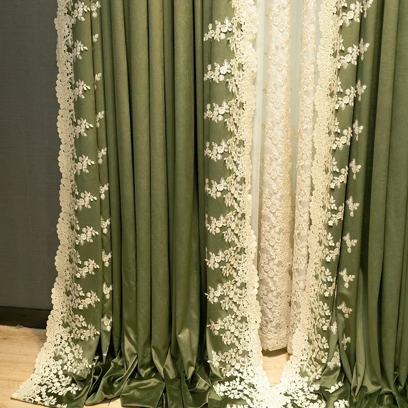 

Luxury High Shading Green Embroidered Customized Curtains for Living Dining Room Bedroom Velvet Fabric High-end Light Thickened