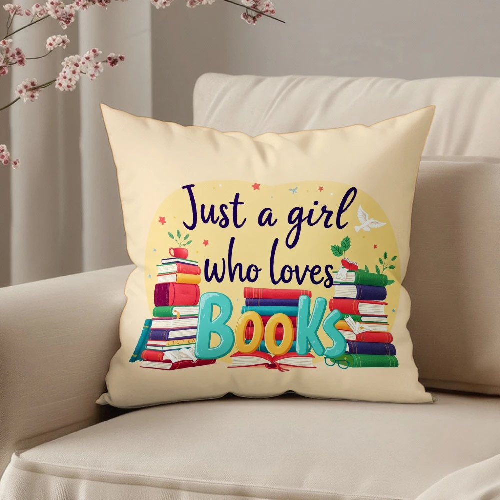 Decorative Throw Pillow Case Beige Just A Girl Who Loves Books With Colorful Book Stack Print For Living Room Bedroom Sofa Chair