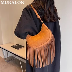 Suede Leather Tassel Shoulder Bag 2024 New Niche Design Vintage Crossbody Saddle Bag Fashion Female Shopping Armpit Bag Handbags