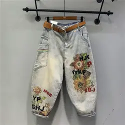 2024 new Spring Summer Loose Was Thin Stitching Hot Drilling Printed Denim Pants Women's Harem Jeans q242