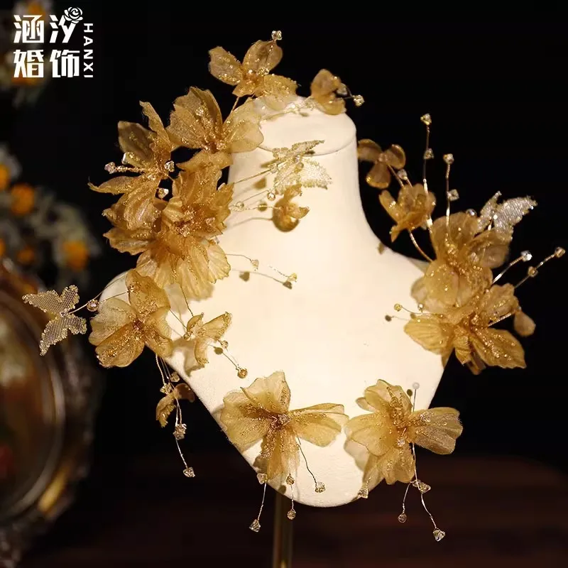 Hanxi's new high-end champagne gold silk yarn broken diamond crystal pair bridal disc hair styling headdress