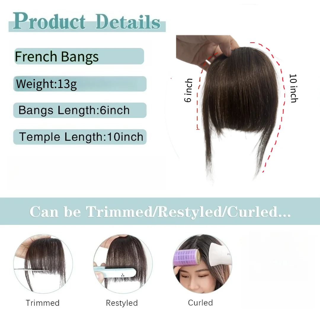 Clip en flequillo francés, cabello humano Real, flequillo, postizos para mujer, flequillo falso, flequillo de muñeca, corte limpio