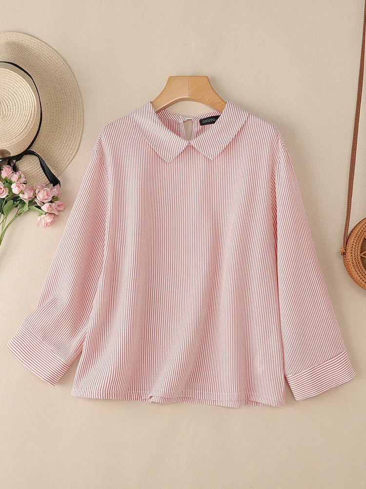 

2025 ZANZEA Fashion Striped Blouse Women Autumn Peter Pan Collar Korean Shirts Tunic Long Sleeve Tops Ladies Casual Blusas Mujer
