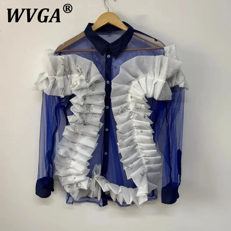 

WVGA Spring Summer New Man Tide High Street Sheer Mesh Polka Dot Ruffled Design Long Sleeve Shirts Loose Chic Casual Shirt W8592