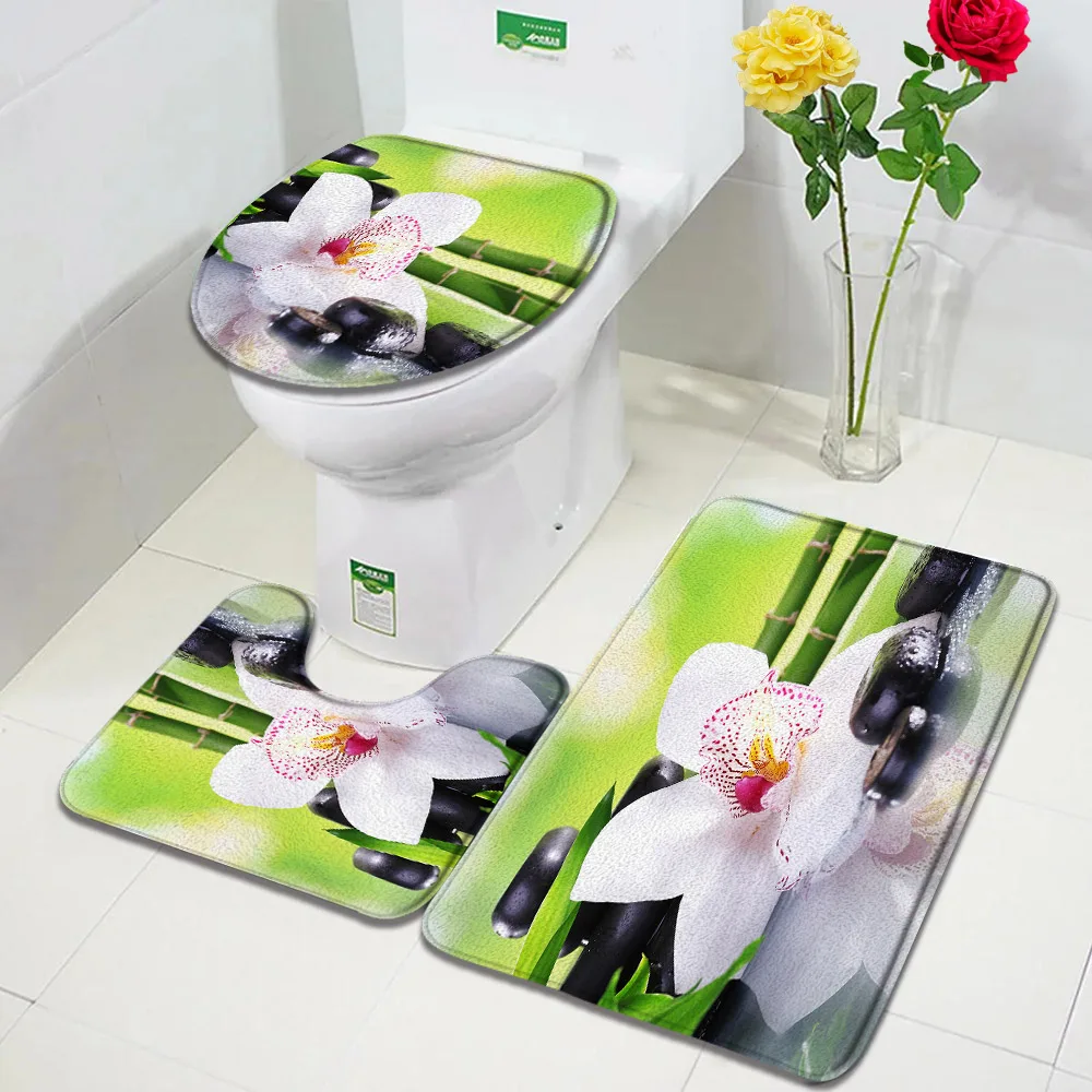 Zen Bath Mat Set Green Bamboo Orchid Lotus Flowers Plant Black Stone Spa Scenery Bathroom Decor Non-Slip Rugs Toilet Lid Cover