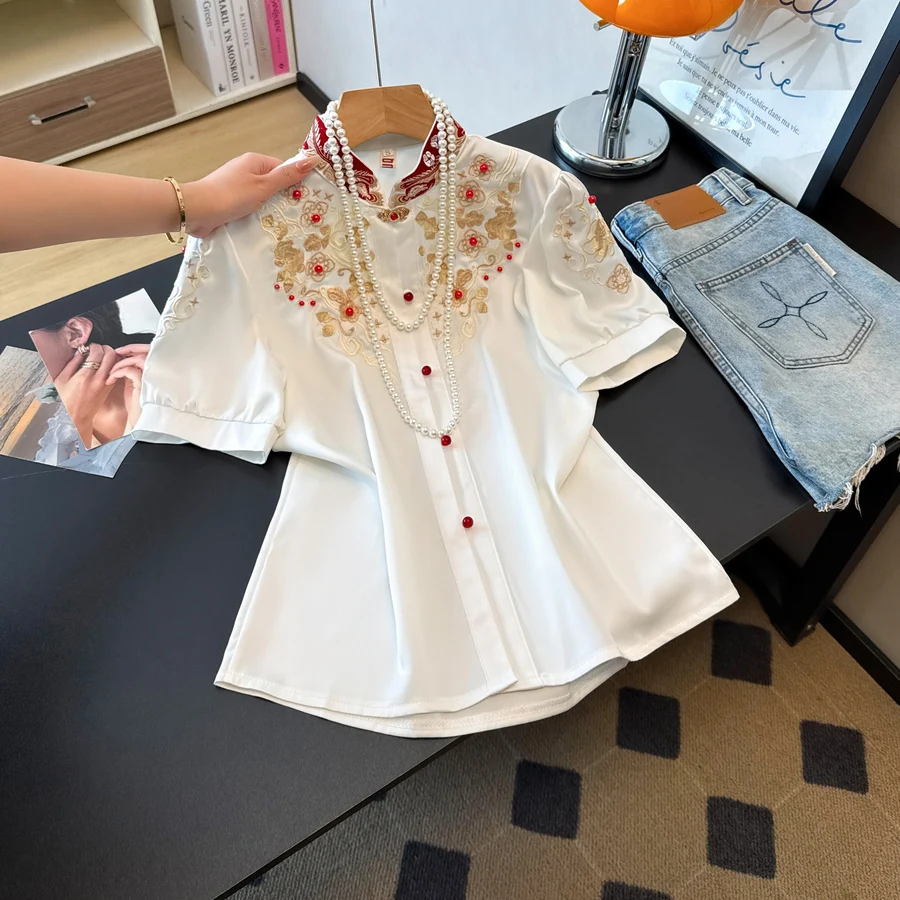 Elegant Short Sleeve Embroidered Satin Lady Shirt Chinese Style Reformed Heavy Stitching Pearl Decorated Fashionable Top
