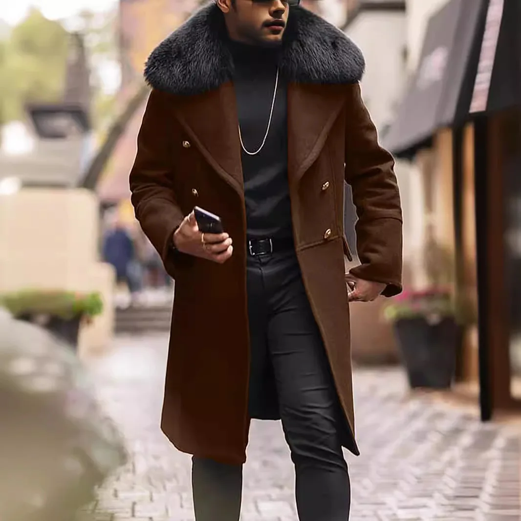 2025 Winter Men Coat Streetwear Fur Collar Long Sleeve Male Trench Jacket Mid Length Double-breasted Windproof Man Outerwear