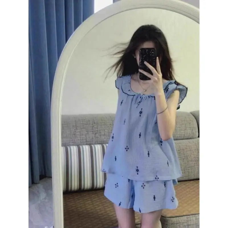 Spring and Summer Pajamas Simple and Gentle Style Hot Sweet Bow Tie Pajama Long Sleeved Trousers Student Dormitory Home Clothes