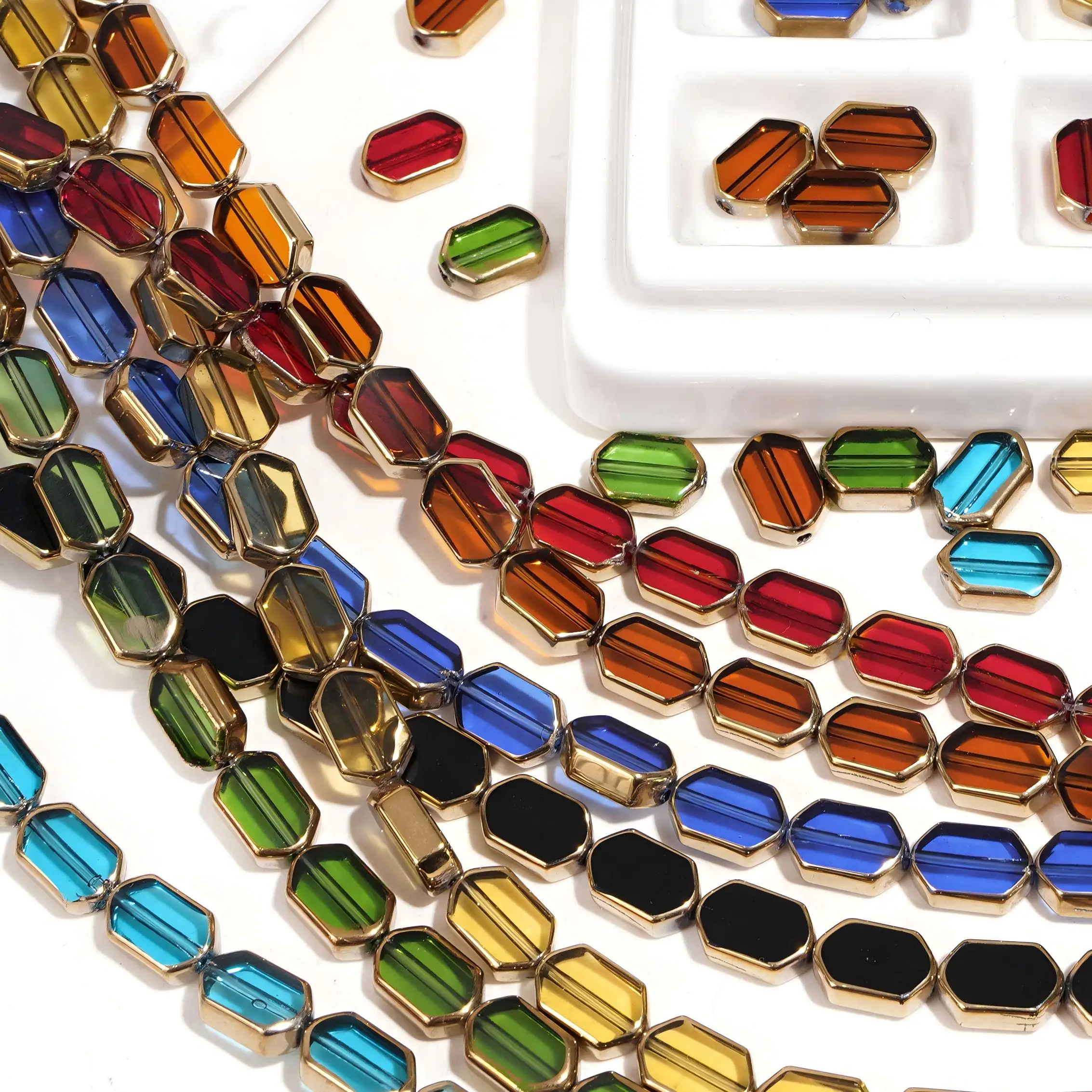 10Pcs 6x9mm Gold‑Toned Edge Oblong Glass Loose Spacer Beads for Bracelet Necklace Earring Pendants DIY Jewelry Making Supplies