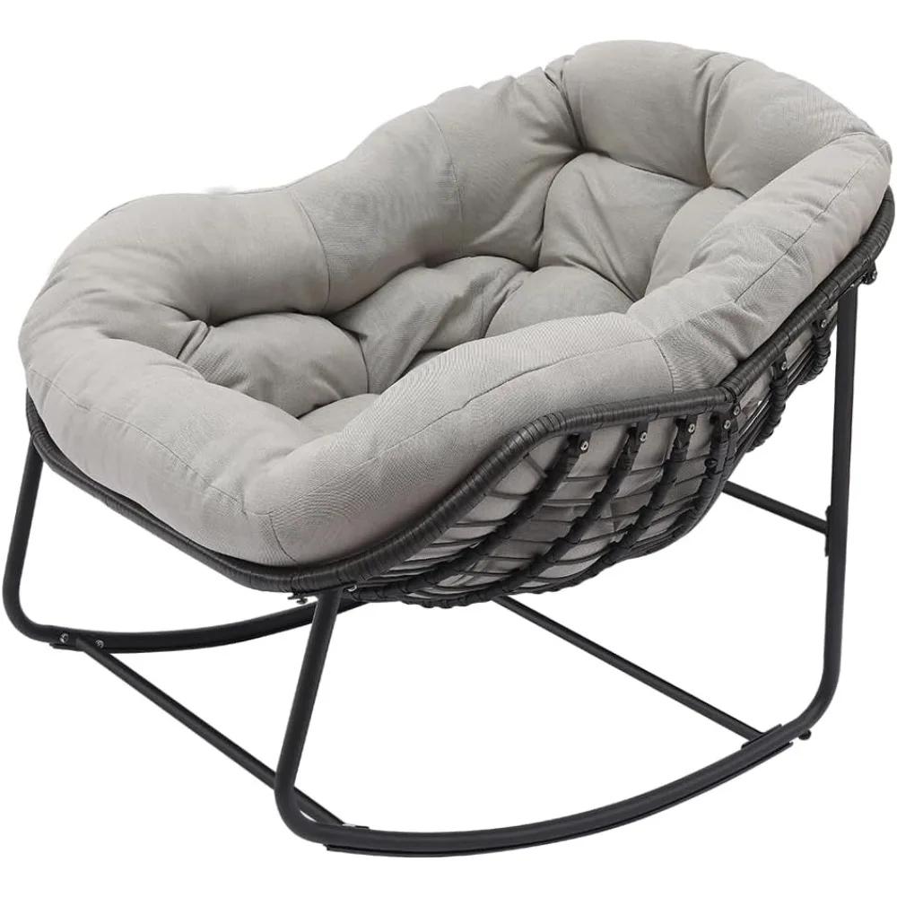 Outdoor Rocking Chair, Patio Wicker Egg Chair, Indoor & Outdoor Comfy Oversized Papasan Chair with Padded Cushion, Royal Rattan