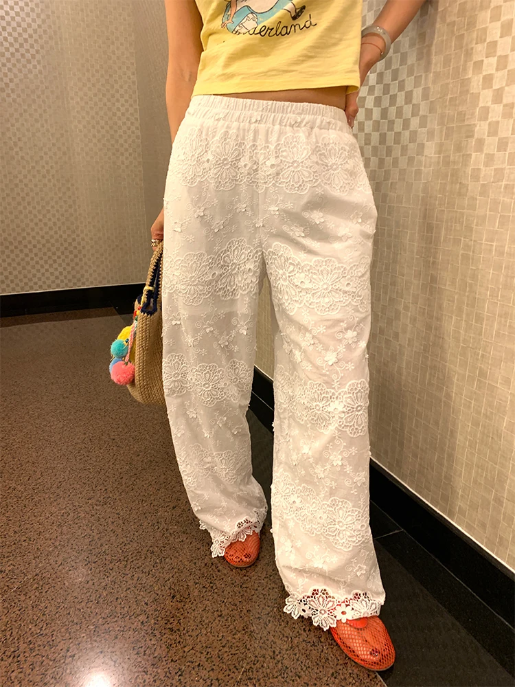 

White Wide Leg Pants Women's Loose Elastic Waist Lace Summer Long Trousers Casual Cotton High Waist Asymmetric Hollow out