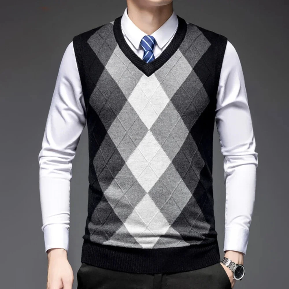 Men's Business Casual Pullover Wear Warm Sleeveless Wool Knitted Sweater Vest Tops