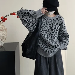 2024 Women Vintage Sweater O-Neck Long Sleeve Leopard Print Pullovers Clothes Tops For Women Sweater Pull Femme