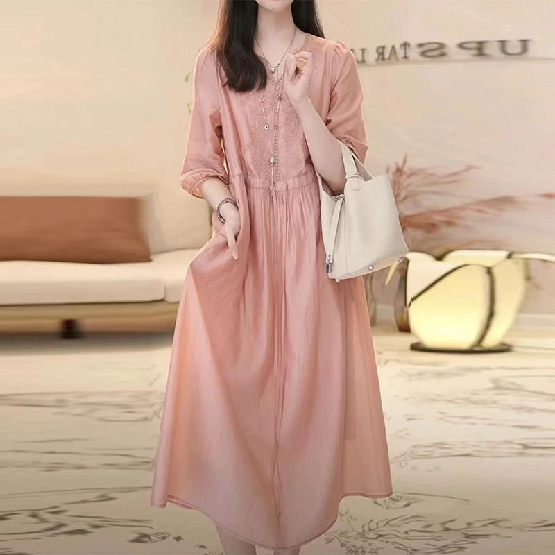 Summer Autumn Loose Casual Embroidery 3/4 Sleeve Robe Femme Literary Vintage Solid Color Comfortable Dress Women Midi Vestidos