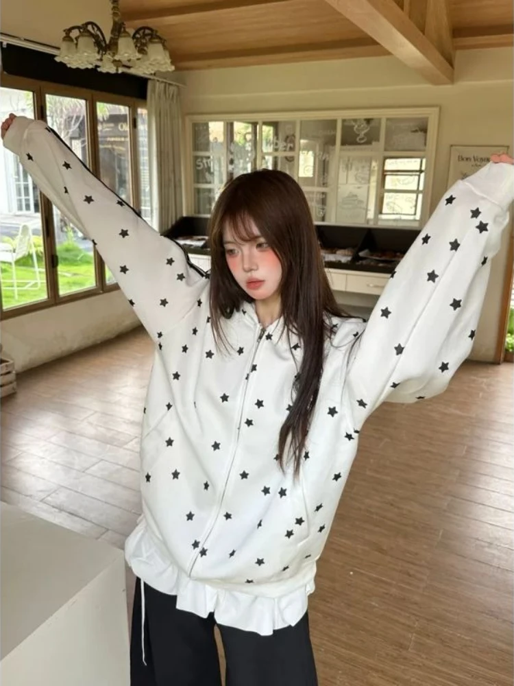 

HOUZHOU Y2k Sweet White Striped Star Print Women Hoodies Black Harajuku Japanese Fashion Zip Up Hooded Sweatshirts Loose Casual
